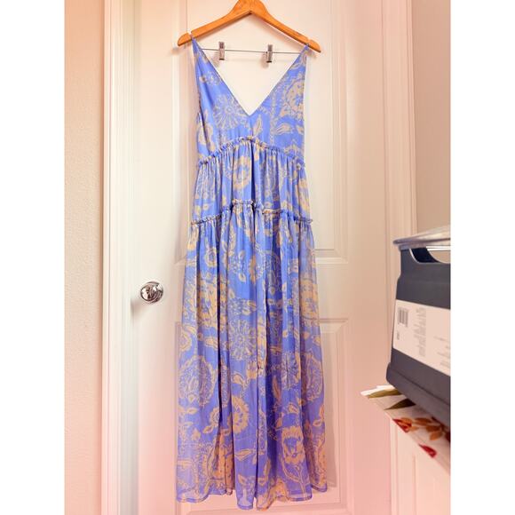 Free People Julianna Maxi Dress CHIFFON $168 XS Blue Boho Floral Sheer Lagenlook - Picture 2 of 5